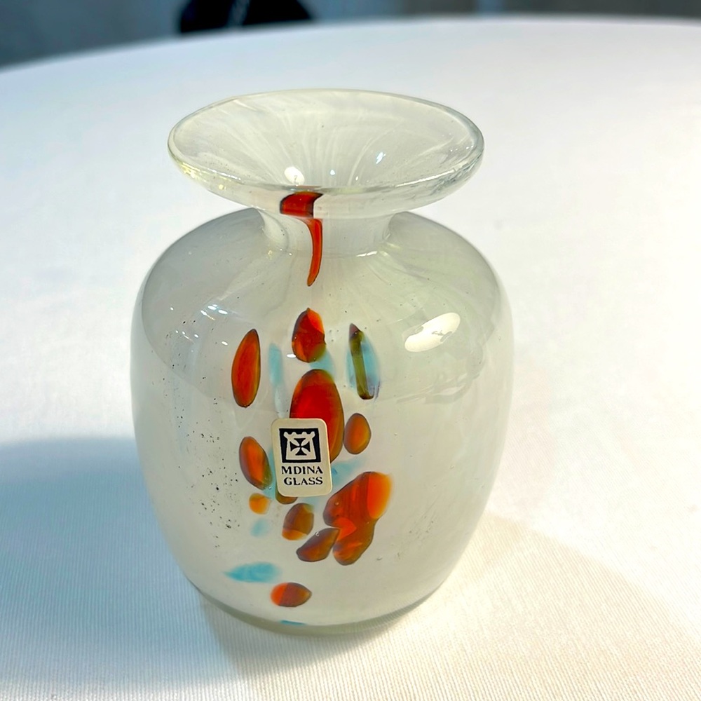 Mdine art glass vase… 5 inches tall, milky, white with orange and teal petals